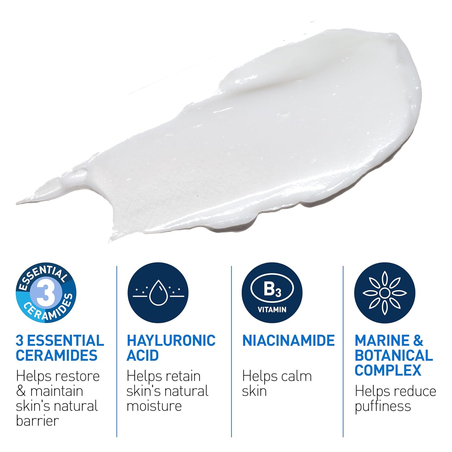 White cream with text and icons detailing its ingredients and benefits on a white background