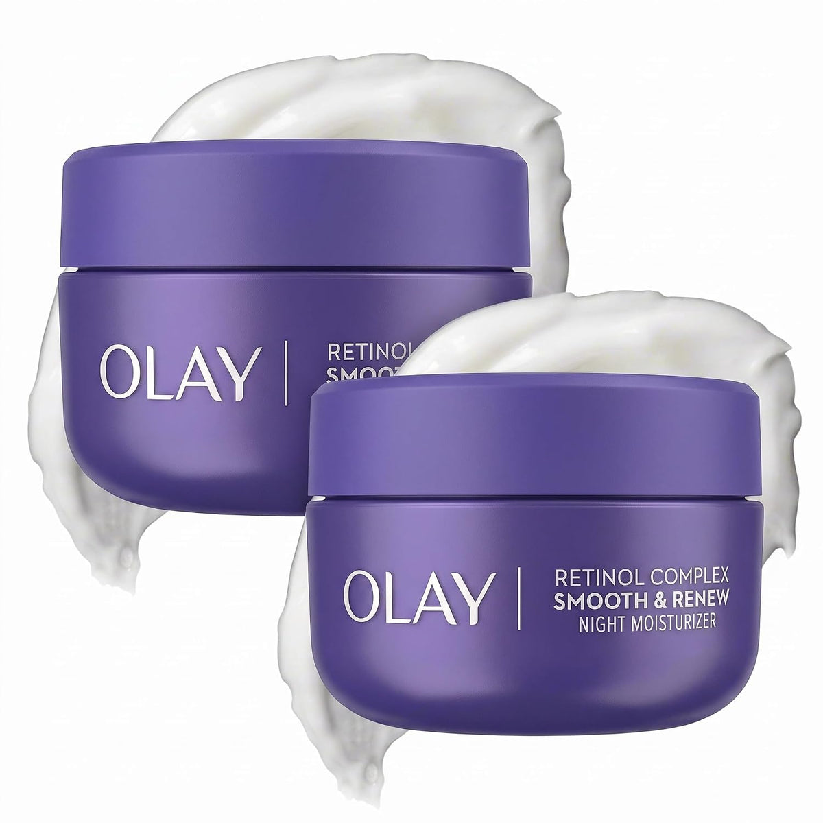 Two purple Olay Retinol Complex Smooth & Renew Night Moisturizer jars with white cream swirls behind them on a white background.
