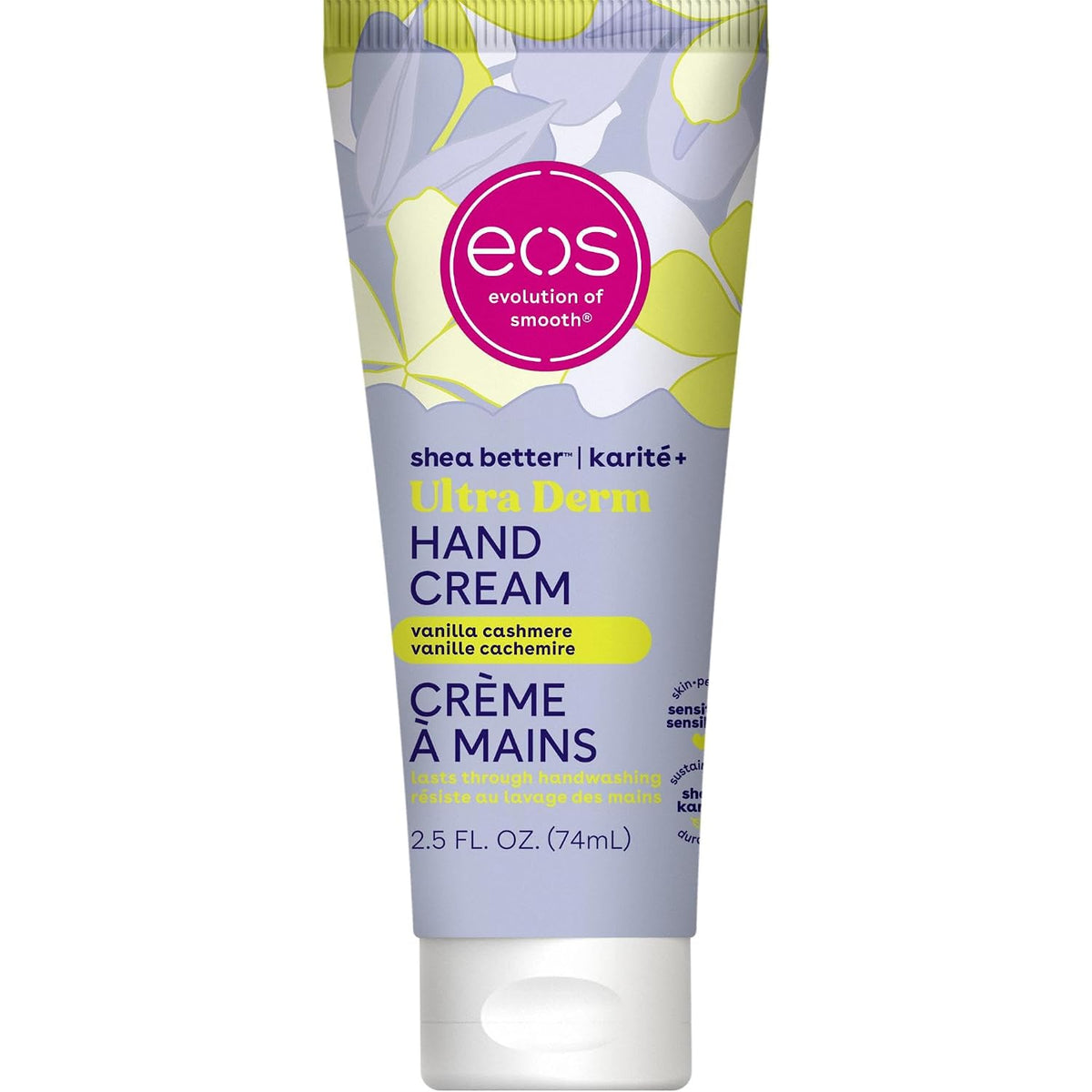 EOS Evolution of Smooth Ultra Dermal Hand Cream in a lavender squeeze tube with a white cap, featuring a floral pattern in light green and purple, with a pink circular EOS logo.