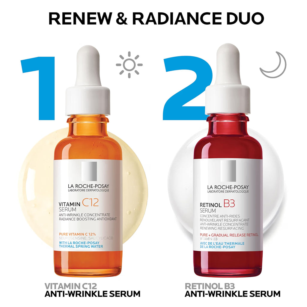 Two La Roche-Posay anti-wrinkle serum bottles, Vitamin C12 and Retinol B3, on a white background.