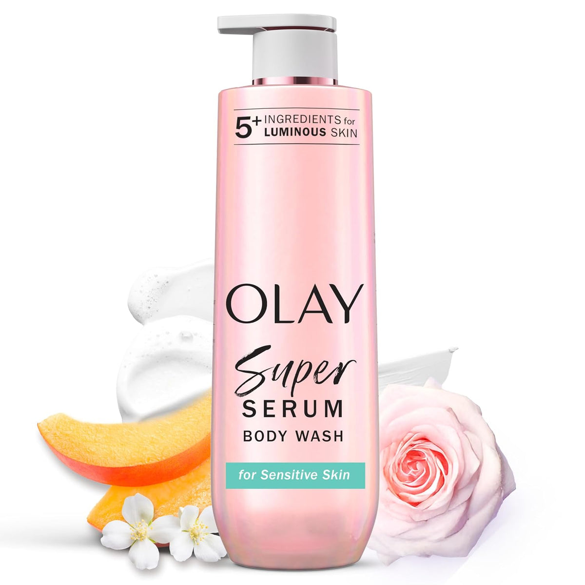Olay Super Serum body wash bottle with ingredients and floral elements on a white background