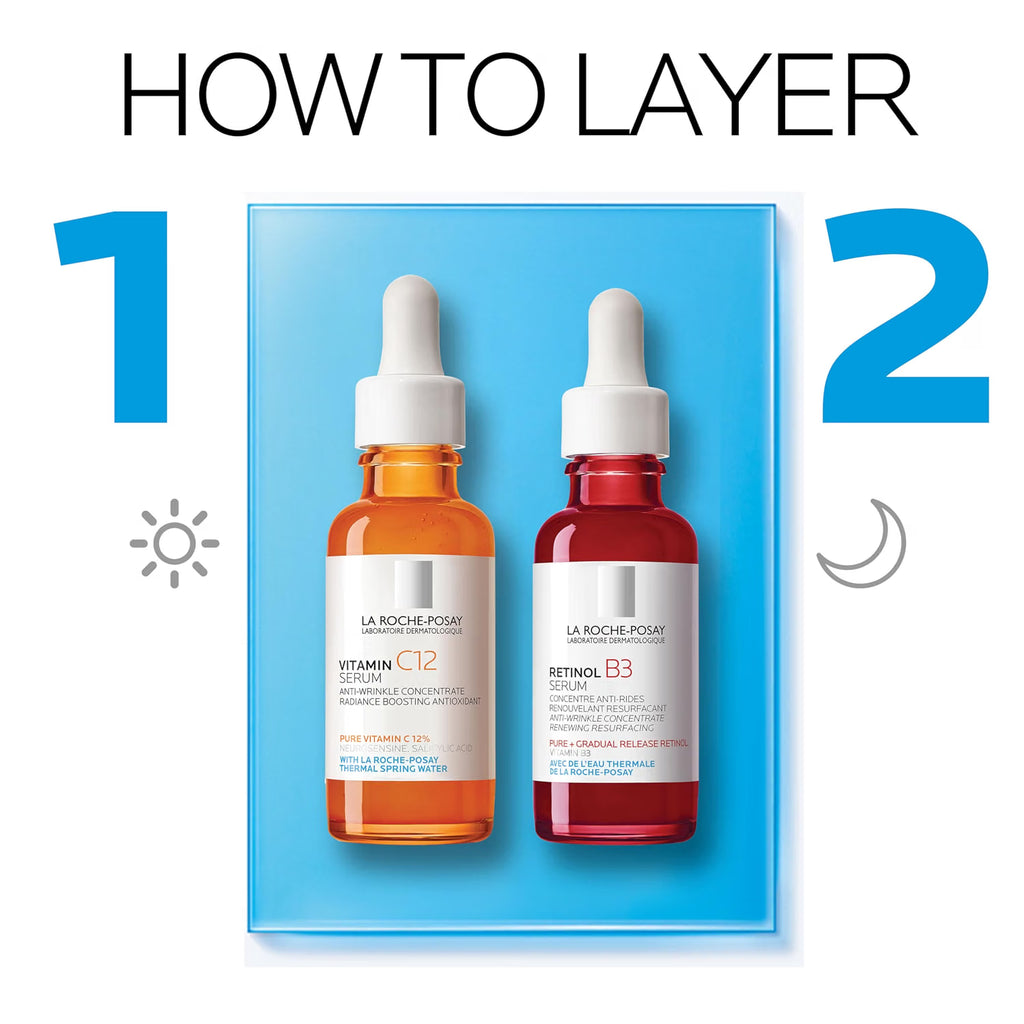 Two skincare serum bottles with labels on a blue background, indicating a step-by-step guide.