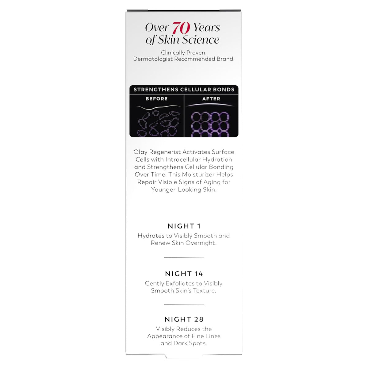 A tall, narrow white product information card with black and red text, featuring a 'Before' and 'After' comparison graphic and usage timeline for a skincare product.