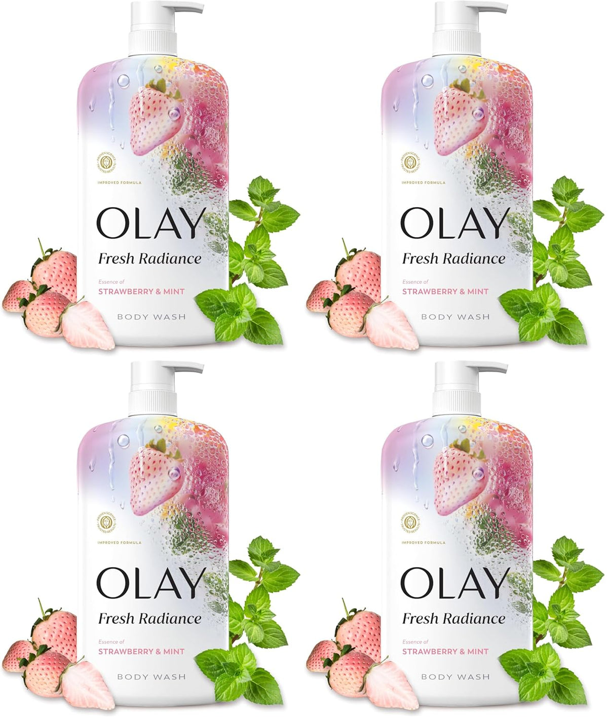 Four identical bottles of Olay Fresh Radiance Strawberry & Mint body wash arranged in a 2x2 grid on a white background, each shown with strawberries and mint leaves around the bottle.