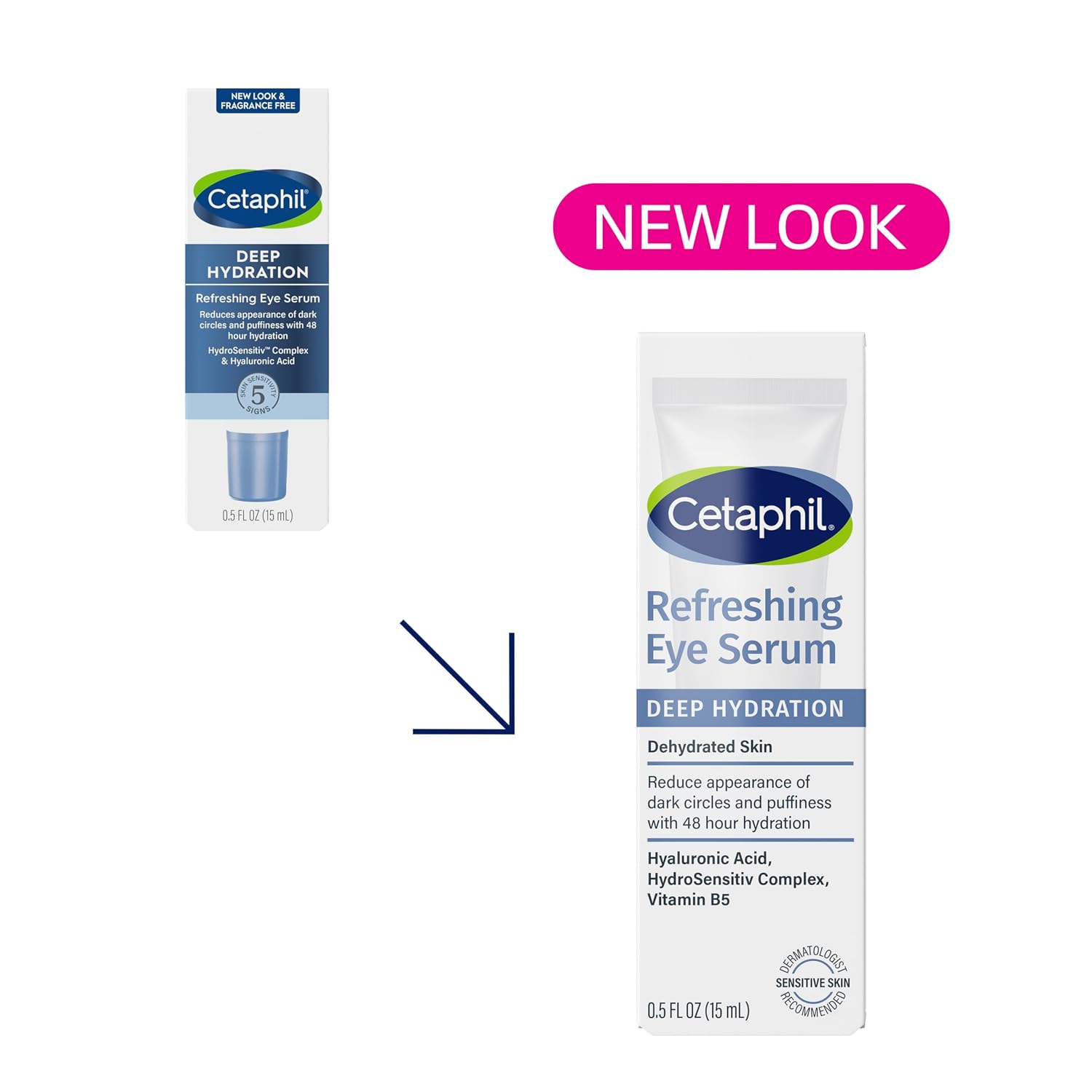 Cetaphil Refreshing Eye Serum packaging with 'New Look' label on a white background