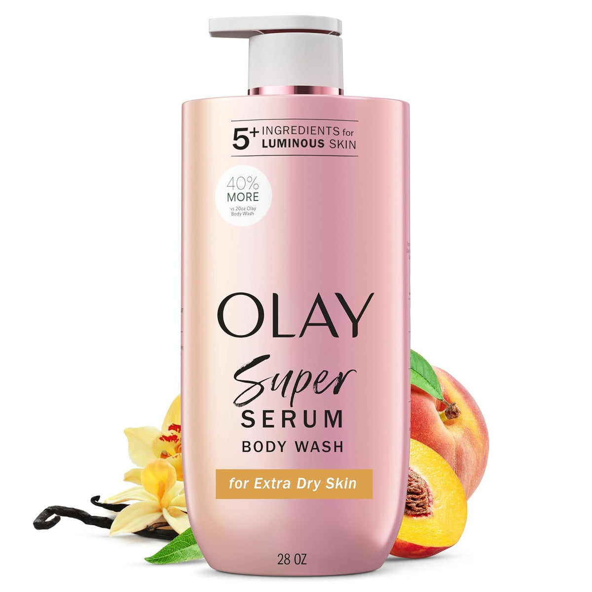  Olay Super Serum body wash bottle with pump on a white background