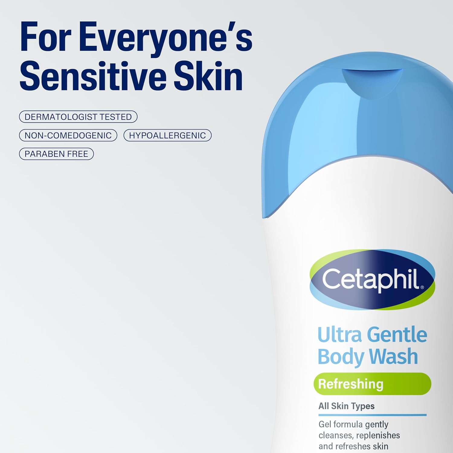 Cetaphil Ultra Gentle Body Wash bottle with branding and product features on a light gray background