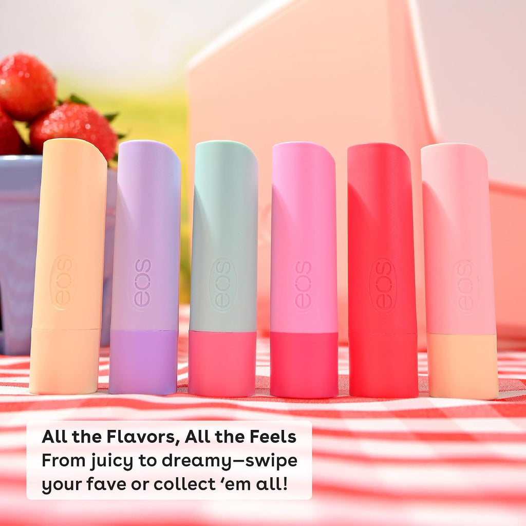 Set of eos lip balms in various colors on a striped background with text promoting flavors and collection.