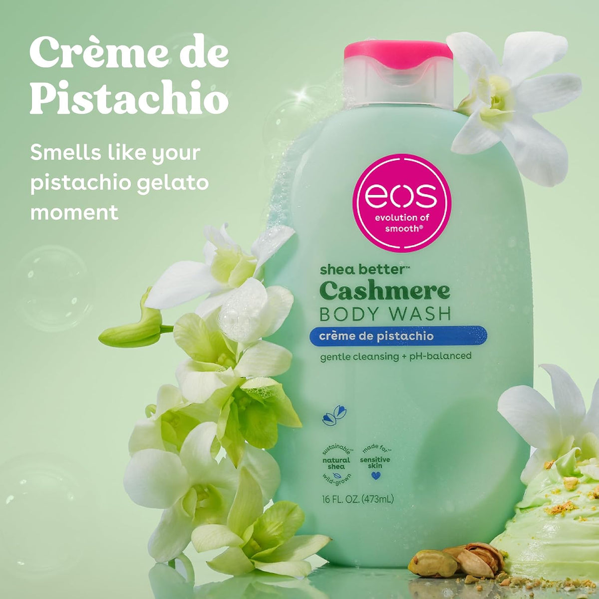 EOS shea butter Cashmere Body Wash bottle with pistachio flavor on a green background