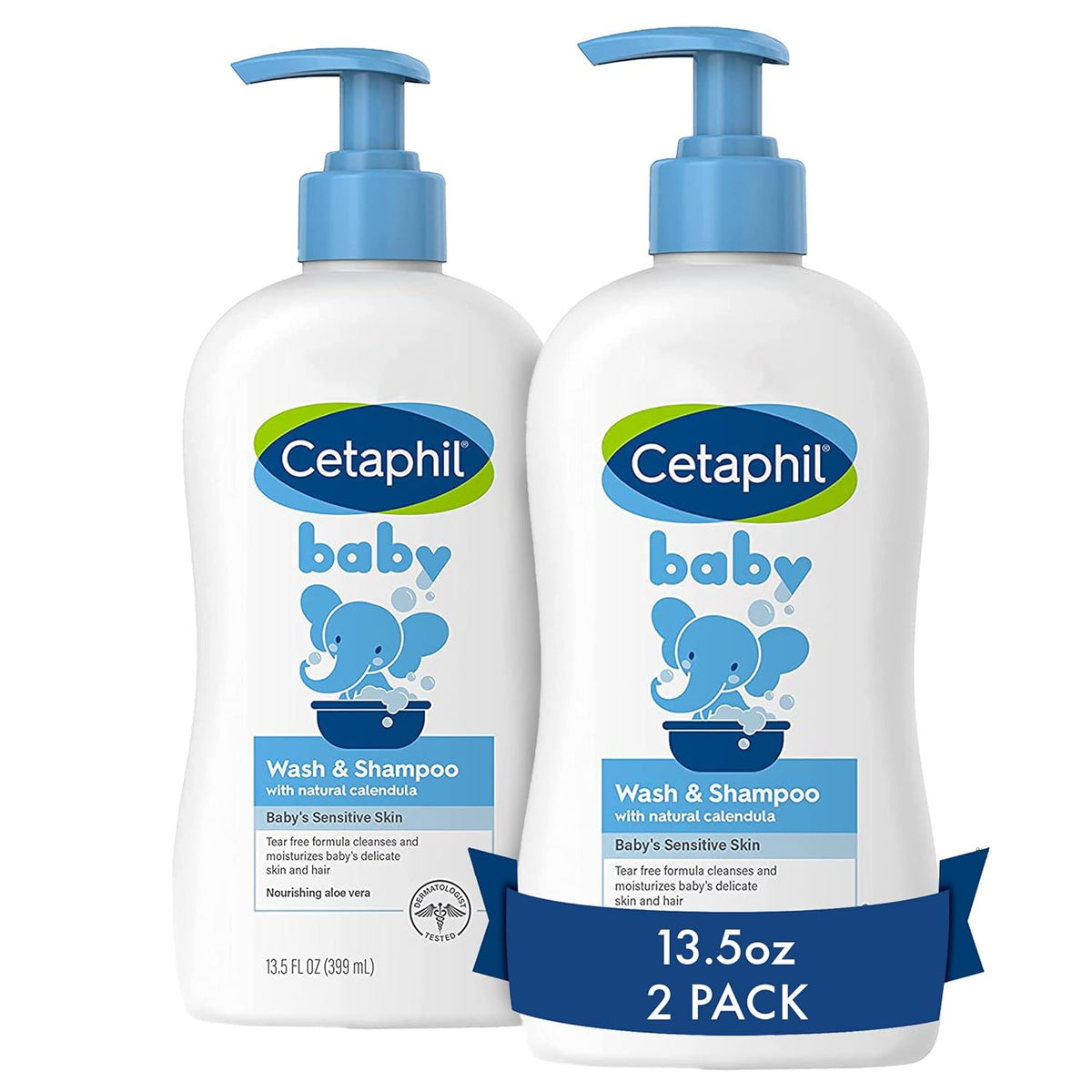 Two bottles of Cetaphil baby wash and shampoo on a white background