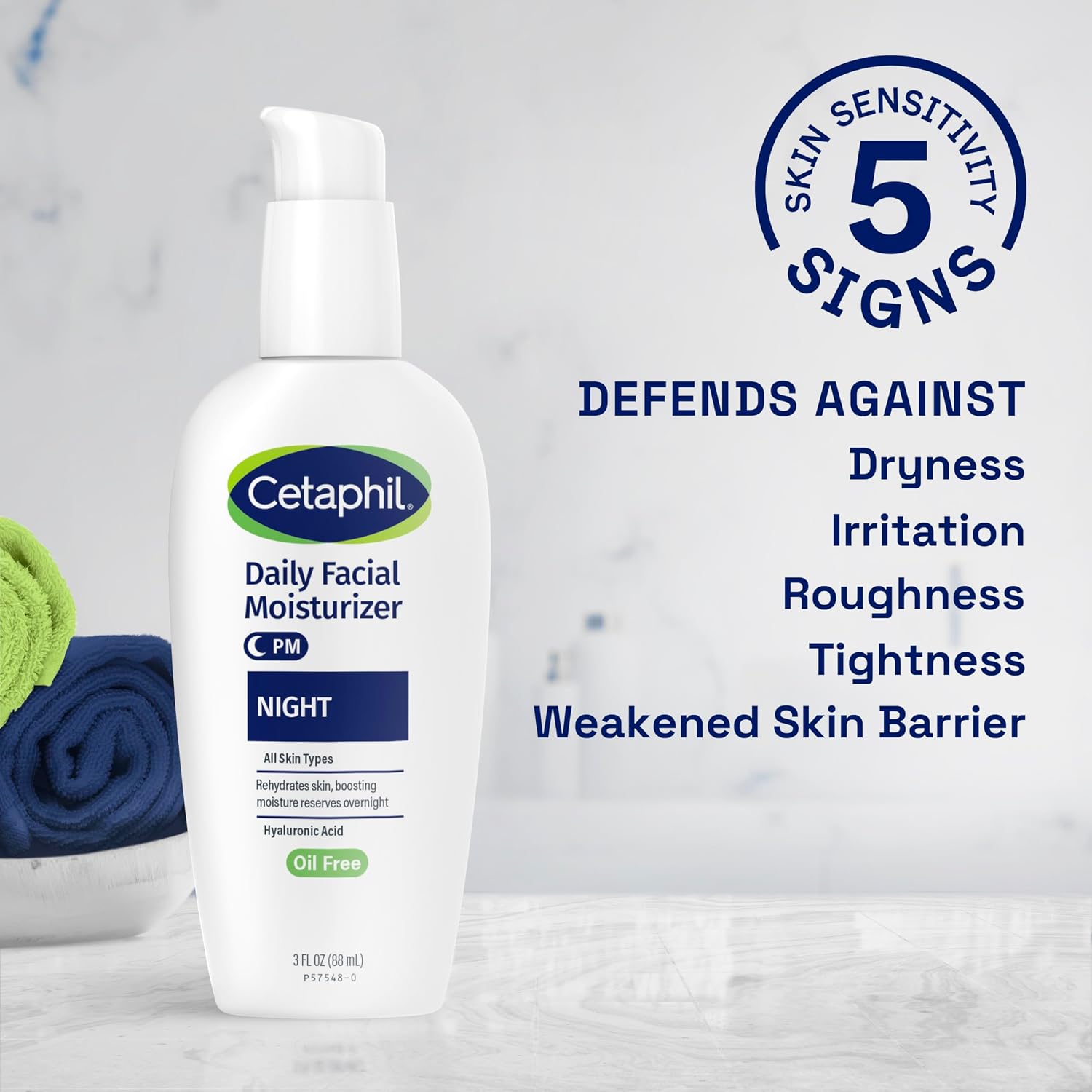 Cetaphil Daily Facial Moisturizer bottle with text about skin care benefits on a marble background