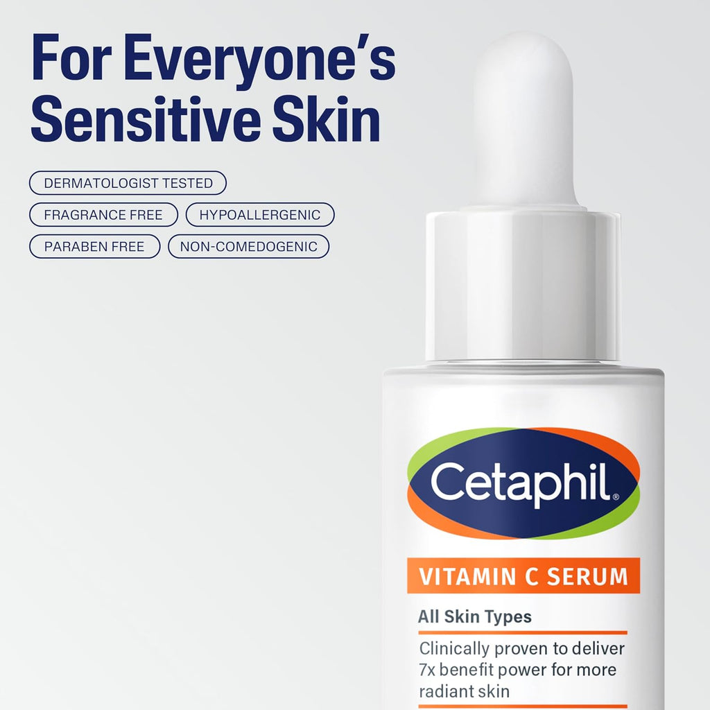 Cetaphil Vitamin C Serum bottle on a light gray background with product features listed.