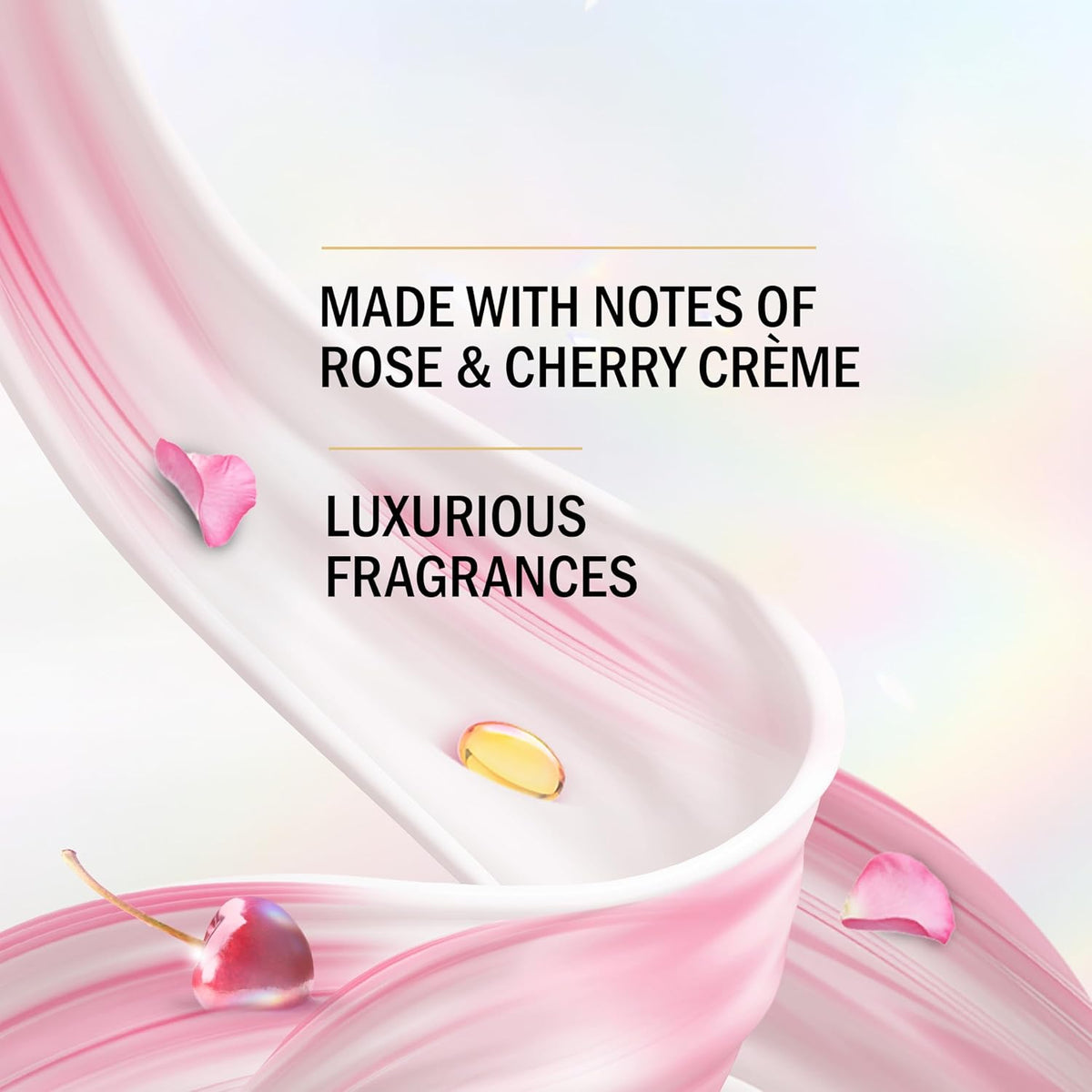 Advertisement for luxurious fragrances with rose and cherry crème notes on a soft pink and white background.