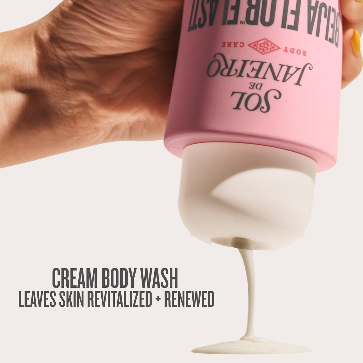 Pink bottle of cream body wash with text on a white background