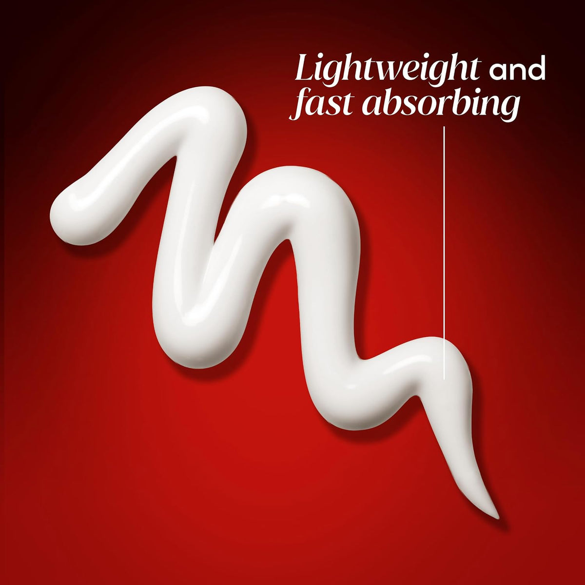 A white squiggle-shaped product on a dark red background with the text 'Lightweight and fast absorbing' in white near the top right.