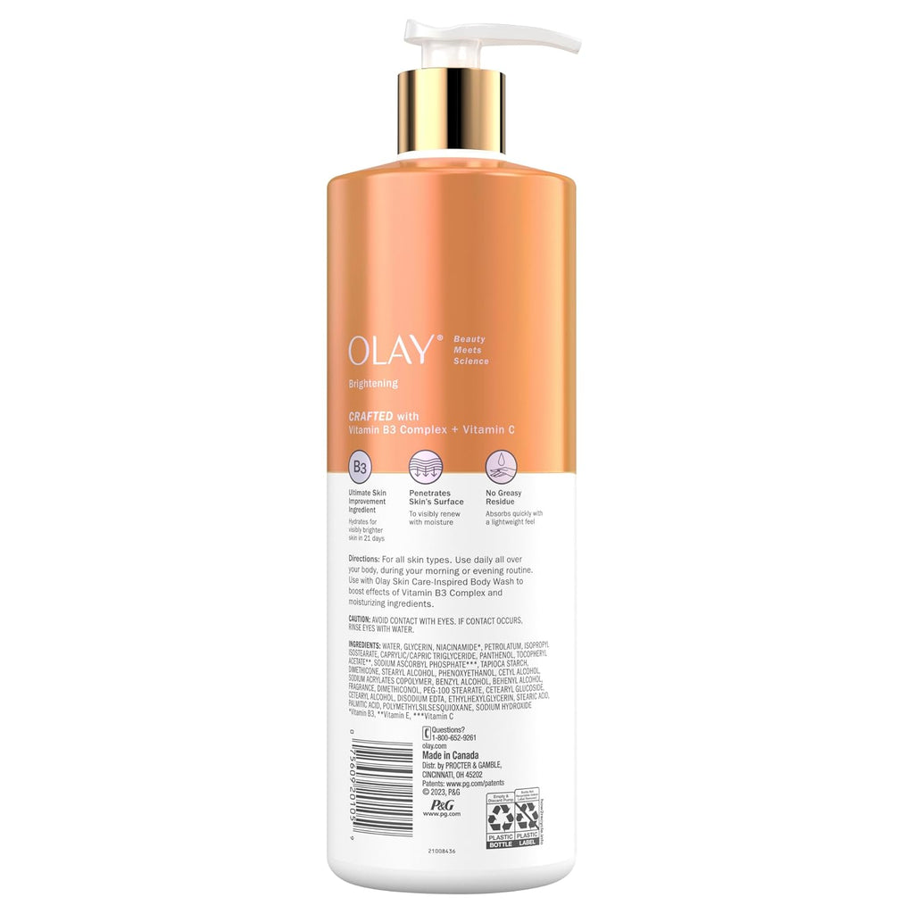 Olay Vitamin C Brightening Body Lotion bottle backview on a white background