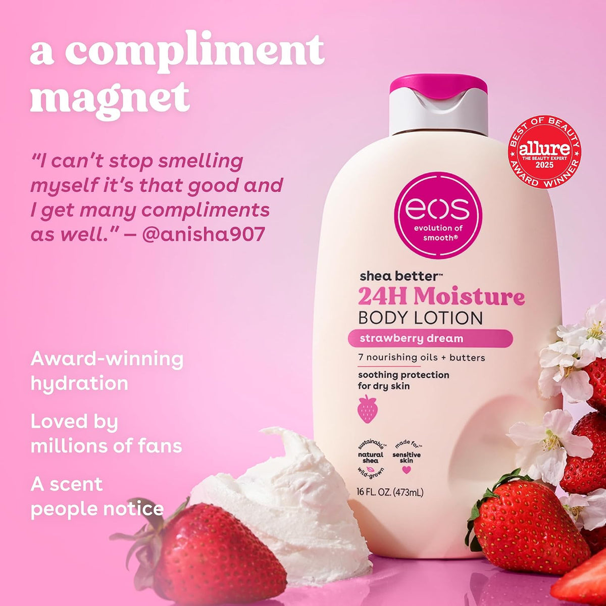 eos strawberry dream body lotion on a pink background with text and strawberries.