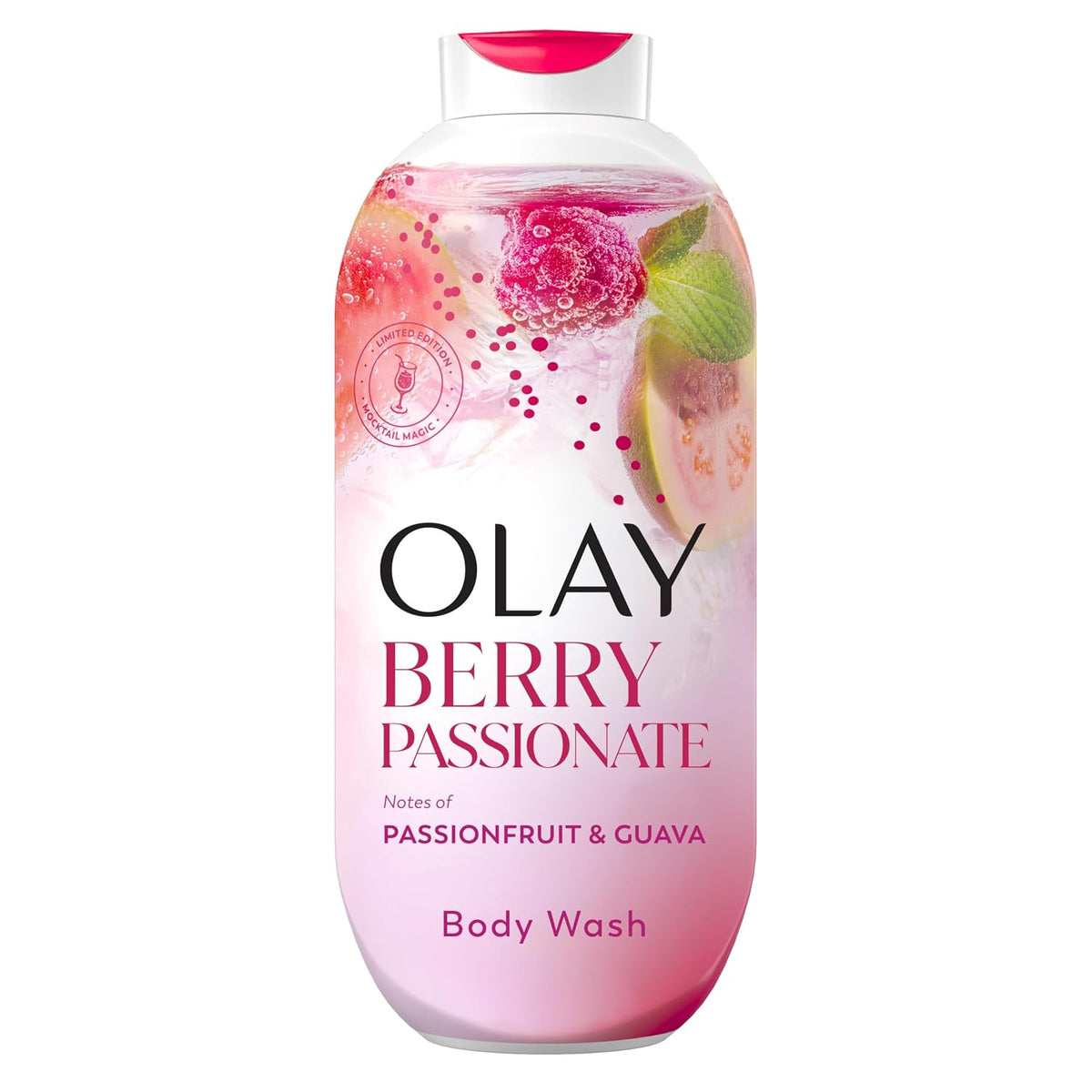 Olay Berry Passionate body wash bottle on a white background