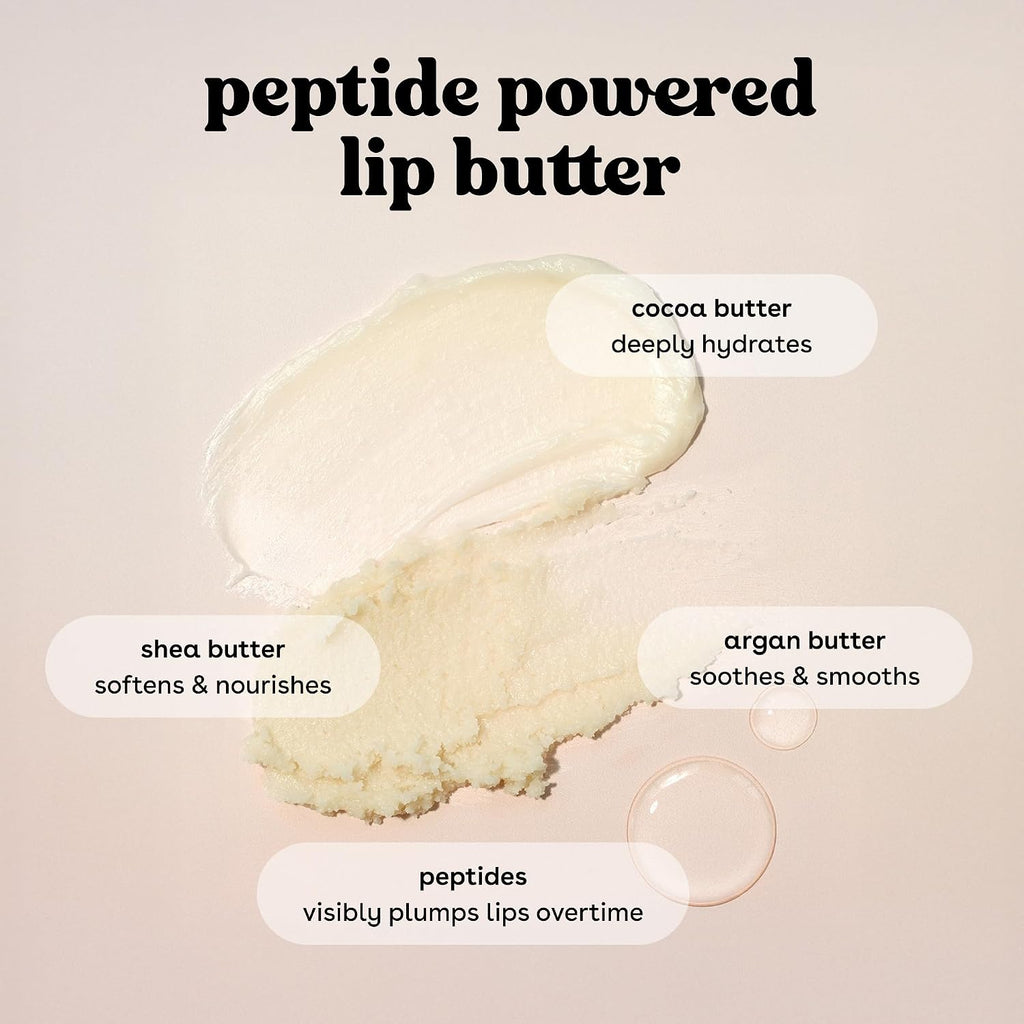 A cream-colored lip balm smear on a pale pink background with text labels reading 'peptide powered lip butter' and ingredient callouts: cocoa butter, shea butter, argan butter, and peptides.