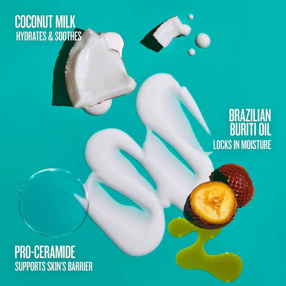 Product advertisement with coconut milk, Brazilian buriti oil, and pro-ceramide text on a teal background