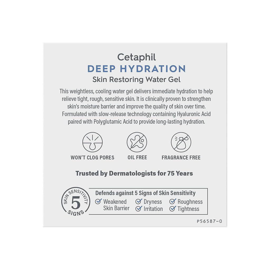 Cetaphil Deep Hydration Skin Restoring Water Gel packaging with text and icons on a white background