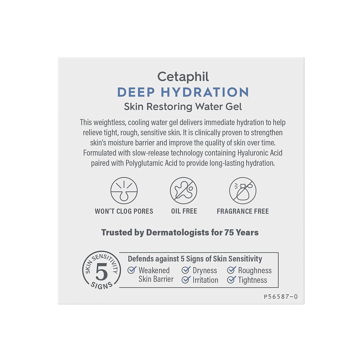 Cetaphil Deep Hydration Skin Restoring Water Gel packaging with text and icons on a white background