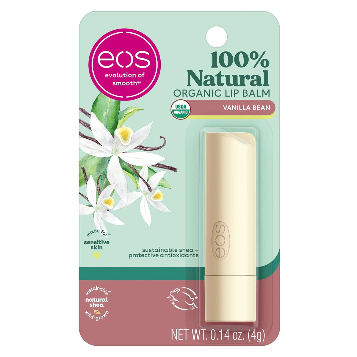 EOS 100% Natural Organic Lip Balm in Vanilla Bean scent, shown in its original mint green and dusty rose blister card packaging. The lip balm tube itself is a light cream color with the EOS logo embossed on it.
