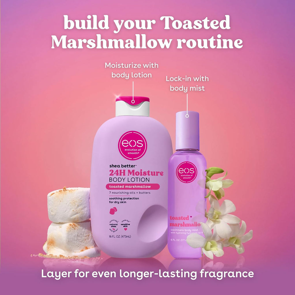 A promotional product graphic for EOS Shea Better 24H Moisture Body Lotion and EOS Toasted Marshmallow body mist on a pink gradient background, with text callouts and marshmallows and white flowers as styling props.
