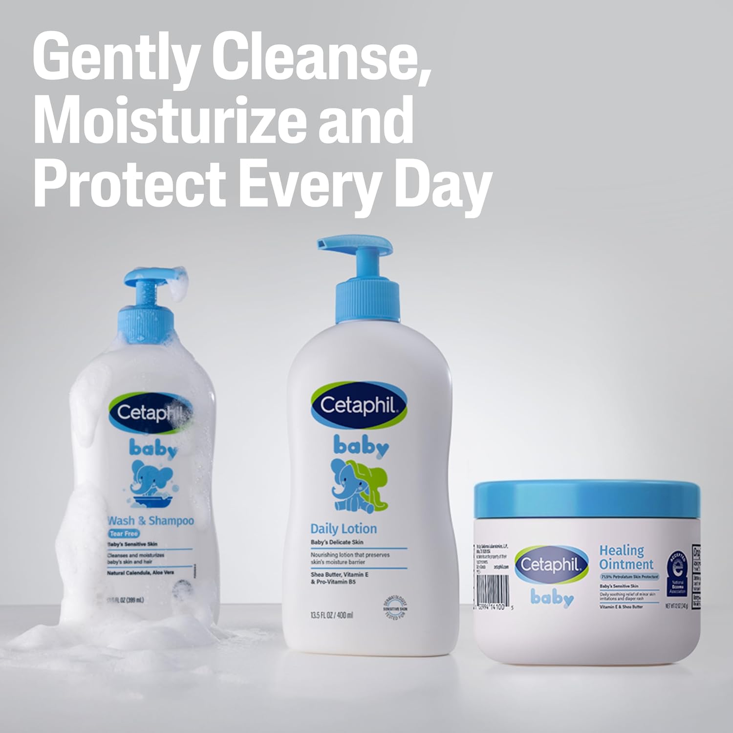 Cetaphil baby products including wash & shampoo, daily lotion, and healing ointment on a light gray background.