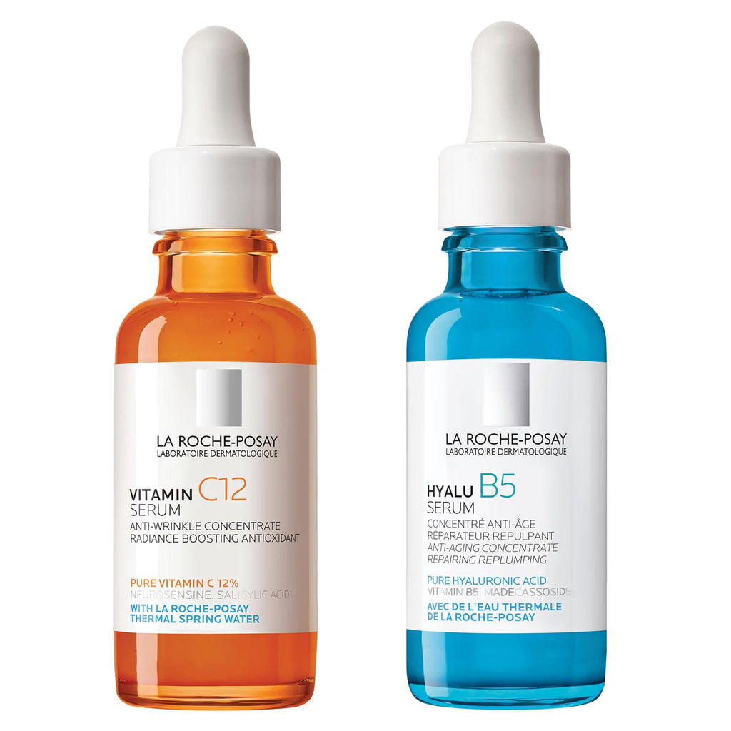 Two La Roche-Posay serum bottles, one orange and one blue, on a white background.