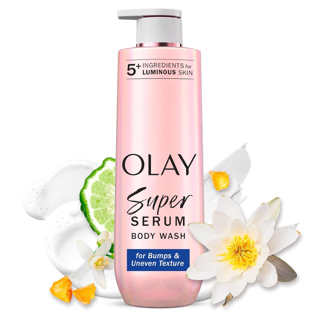 Olay Super Serum body wash bottle with floral and lime elements on a white background