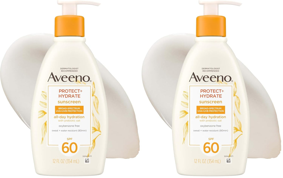 Two bottles of Aveeno Protect+ Hydrate sunscreen SPF 60 shown side by side against a white background with a soft gray arch behind each bottle.