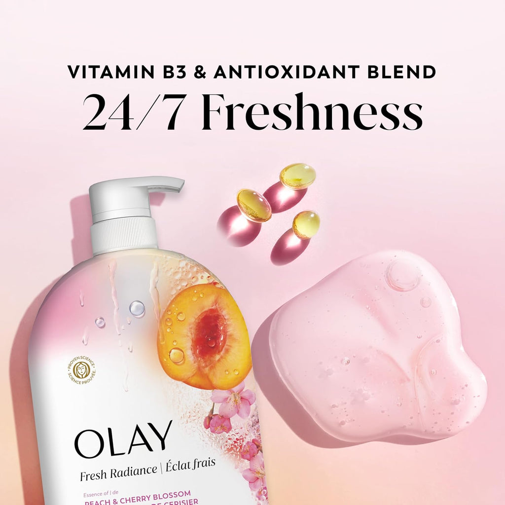 Olay skincare product with peach illustration and '24/7 Freshness' text on a pink background