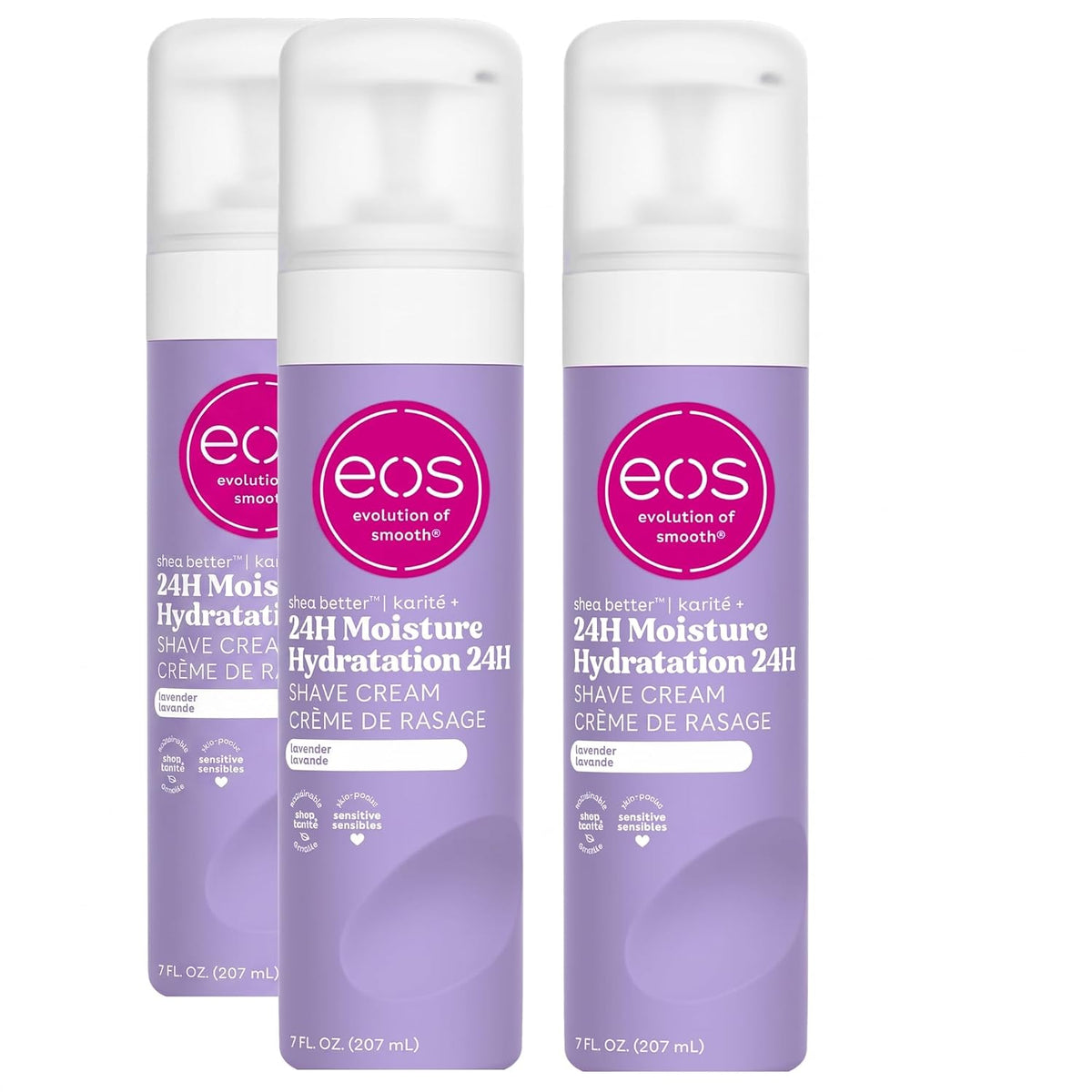 Three bottles of EOS Evolution of Smooth 24H Moisture Hydration Shave Cream arranged in a row against a plain white background.