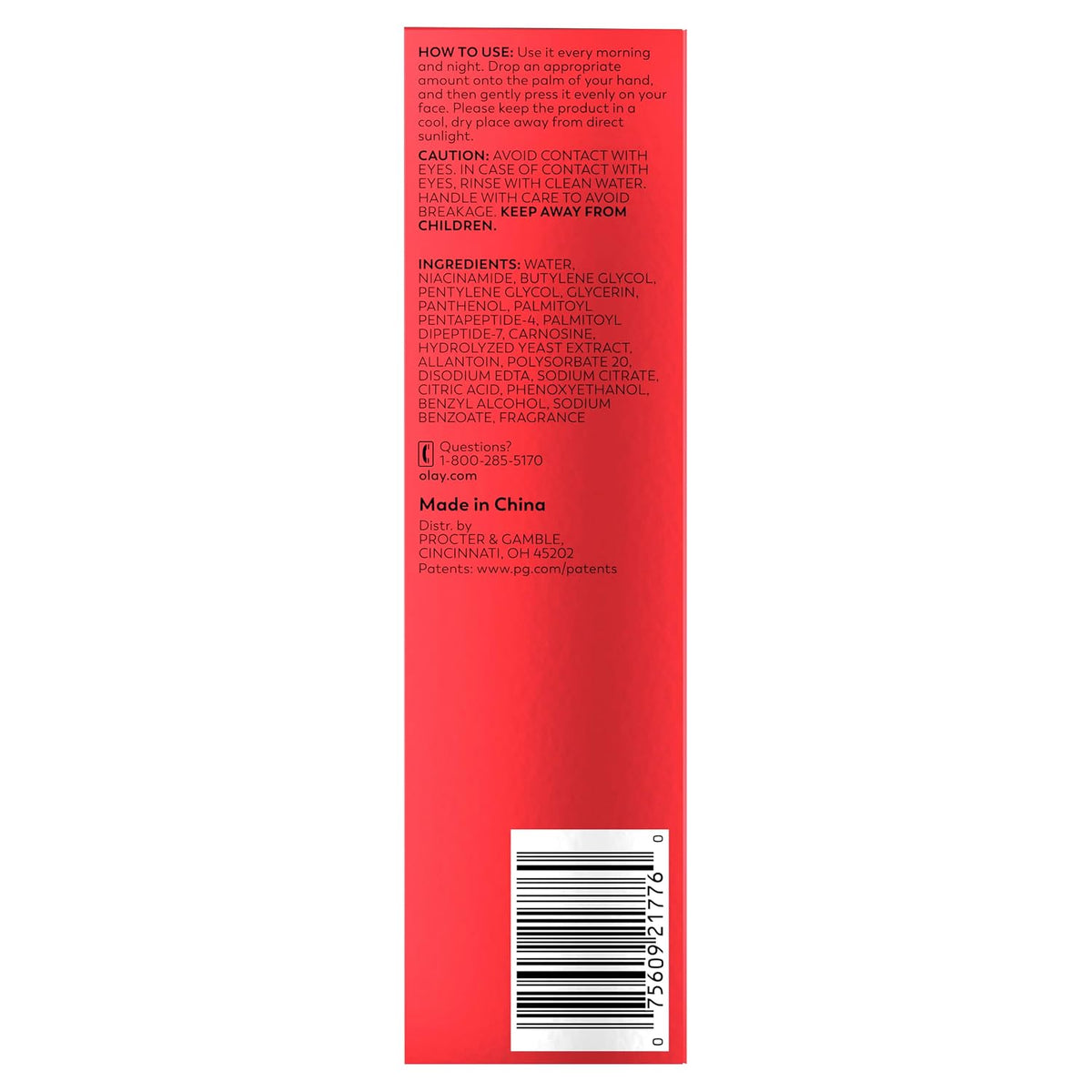 The back of a red product box showing usage instructions, ingredients, a barcode, and manufacturer details in white text.