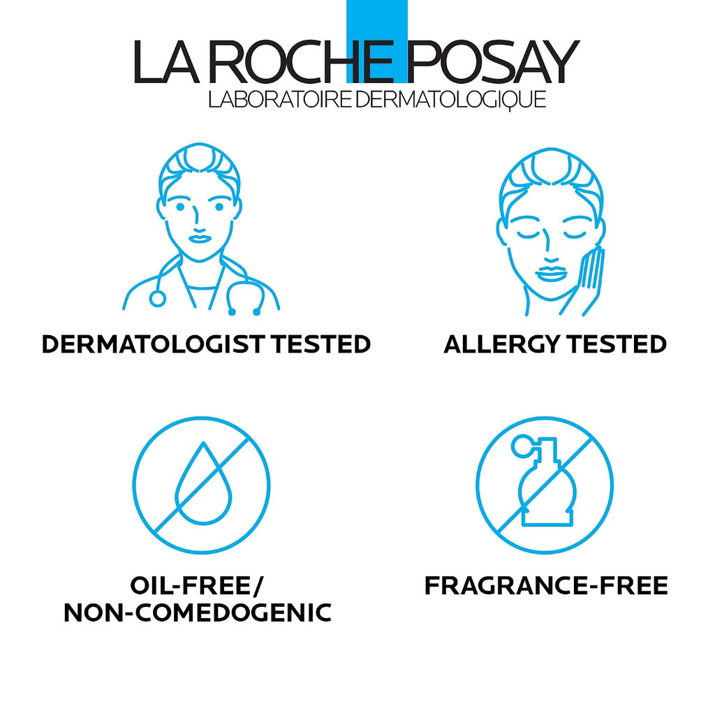 La Roche-Posay branding with icons indicating dermatologist-tested, allergy-tested, oil-free/non-comedogenic, and fragrance-free products on a white background.