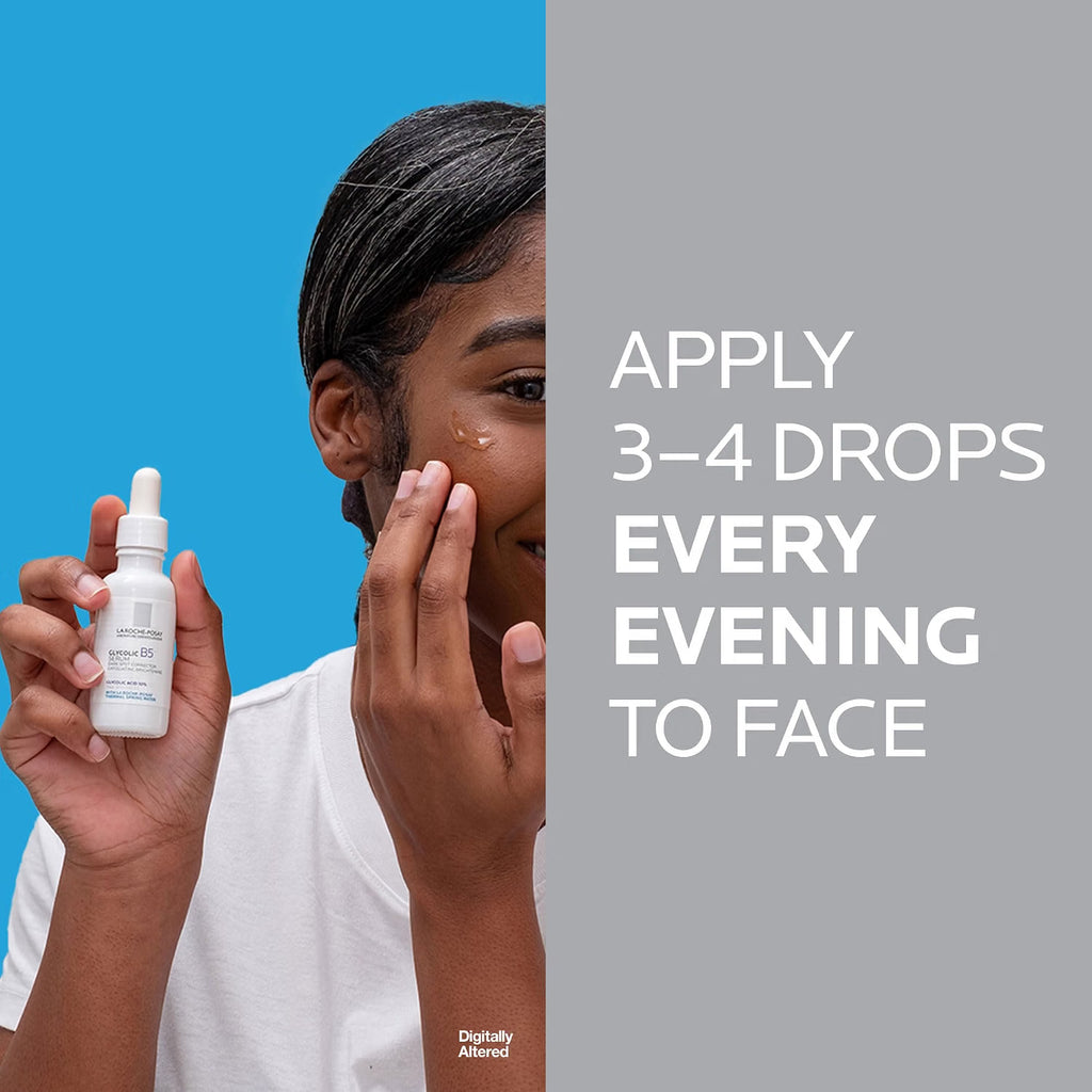 Person applying skincare product with text on a blue and gray background