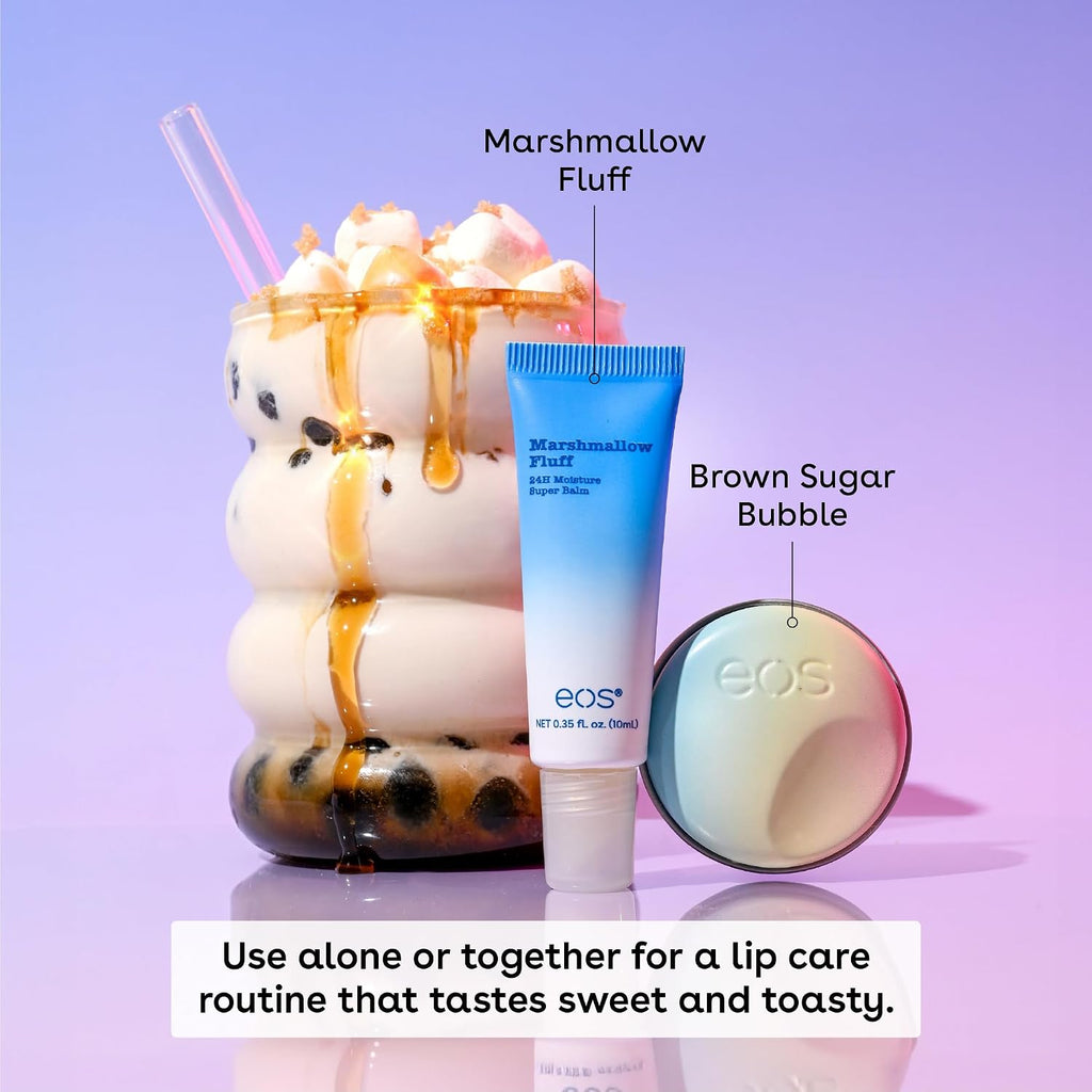 EOS lip balm tube labeled 'Marshmallow Fluff' next to a bubble tea with marshmallows and brown sugar, on a purple background.