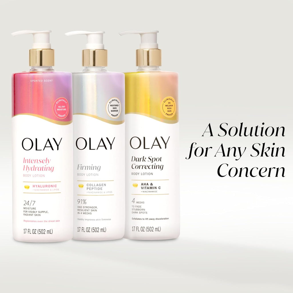 Three Olay body lotion bottles with labels for Intensely Hydrating, Firming, and Dark Spot Correcting on a light gray background.