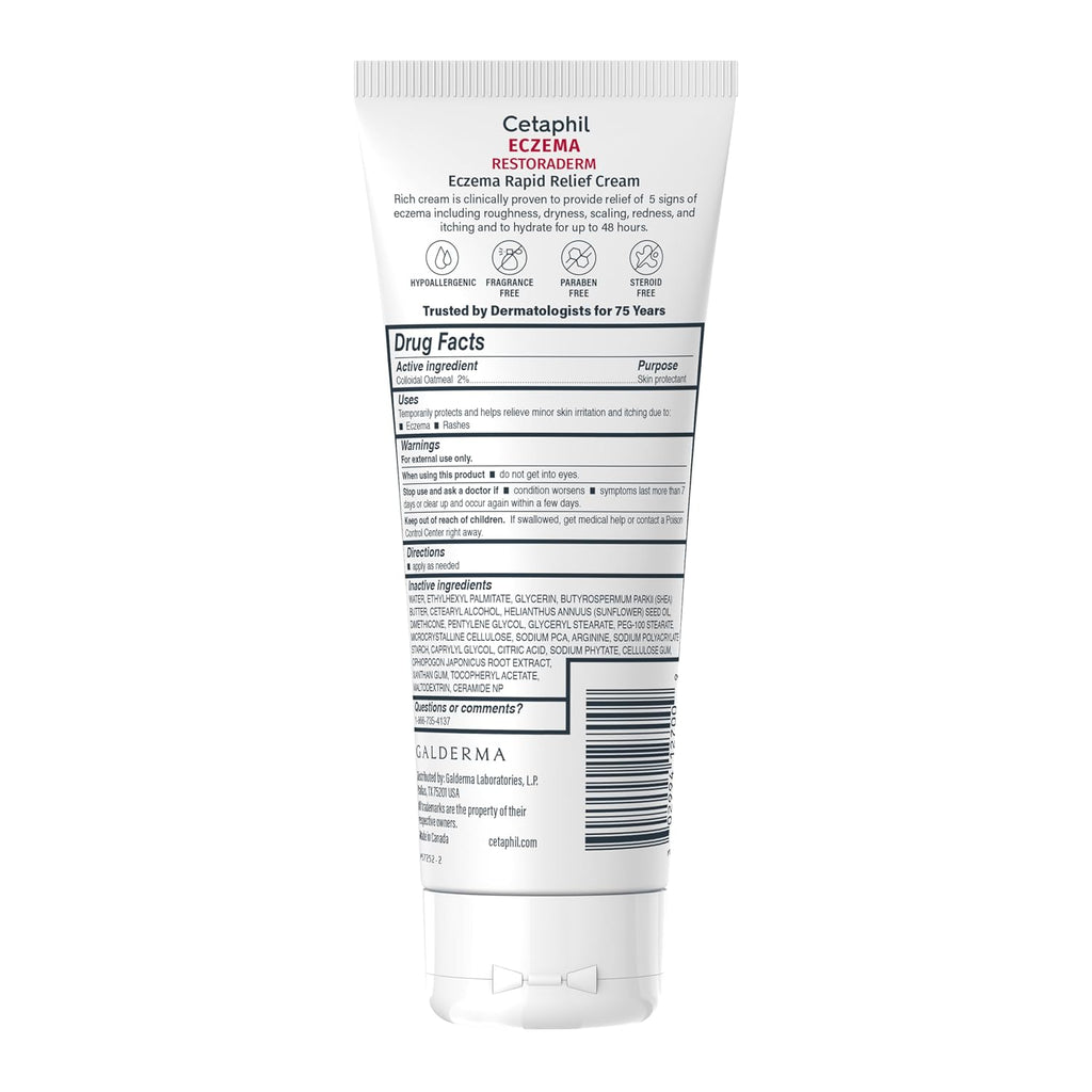 The back of a white squeeze tube of Cetaphil Eczema Rapid Relief Cream, showing the drug facts panel, barcode, and text details on a solid white background.