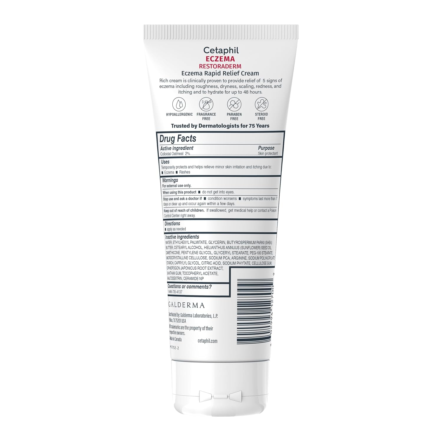 The back of a white squeeze tube of Cetaphil Eczema Rapid Relief Cream, showing the drug facts panel, barcode, and text details on a solid white background.