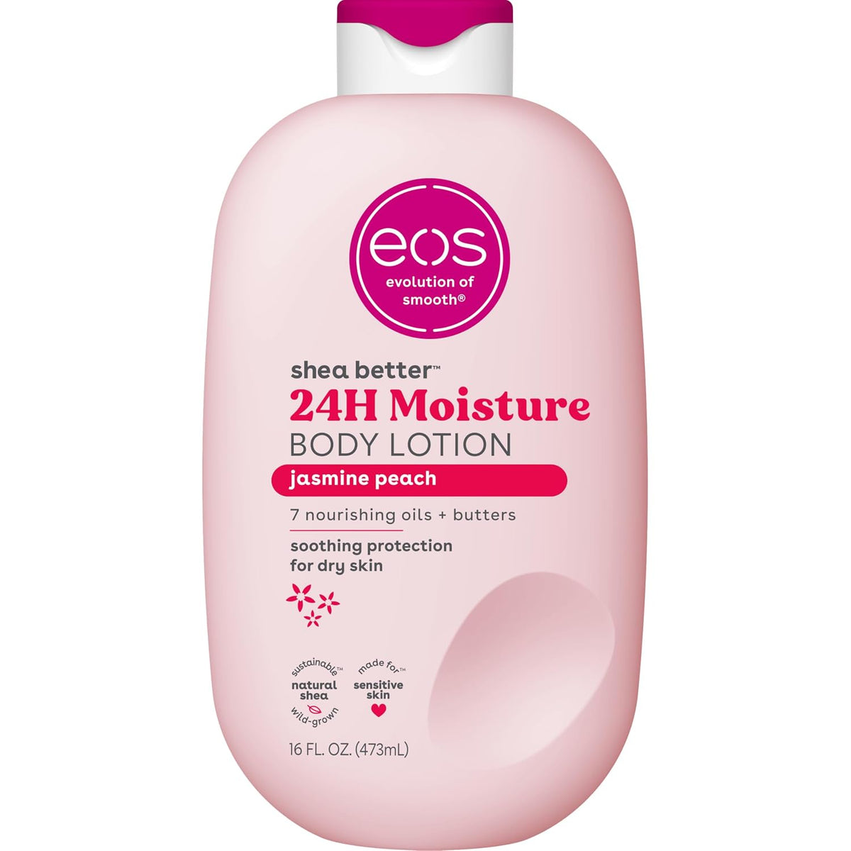 Pink bottle of eos body lotion with a white cap on a white background