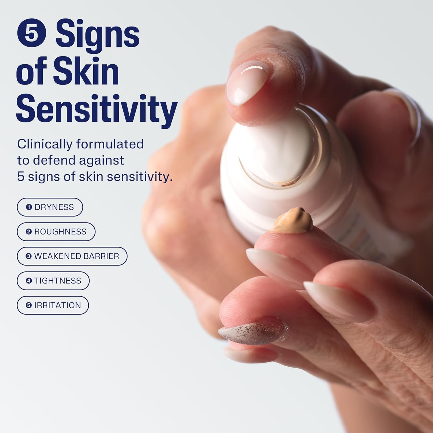 Hand holding a skincare product with text about skin sensitivity and product features.