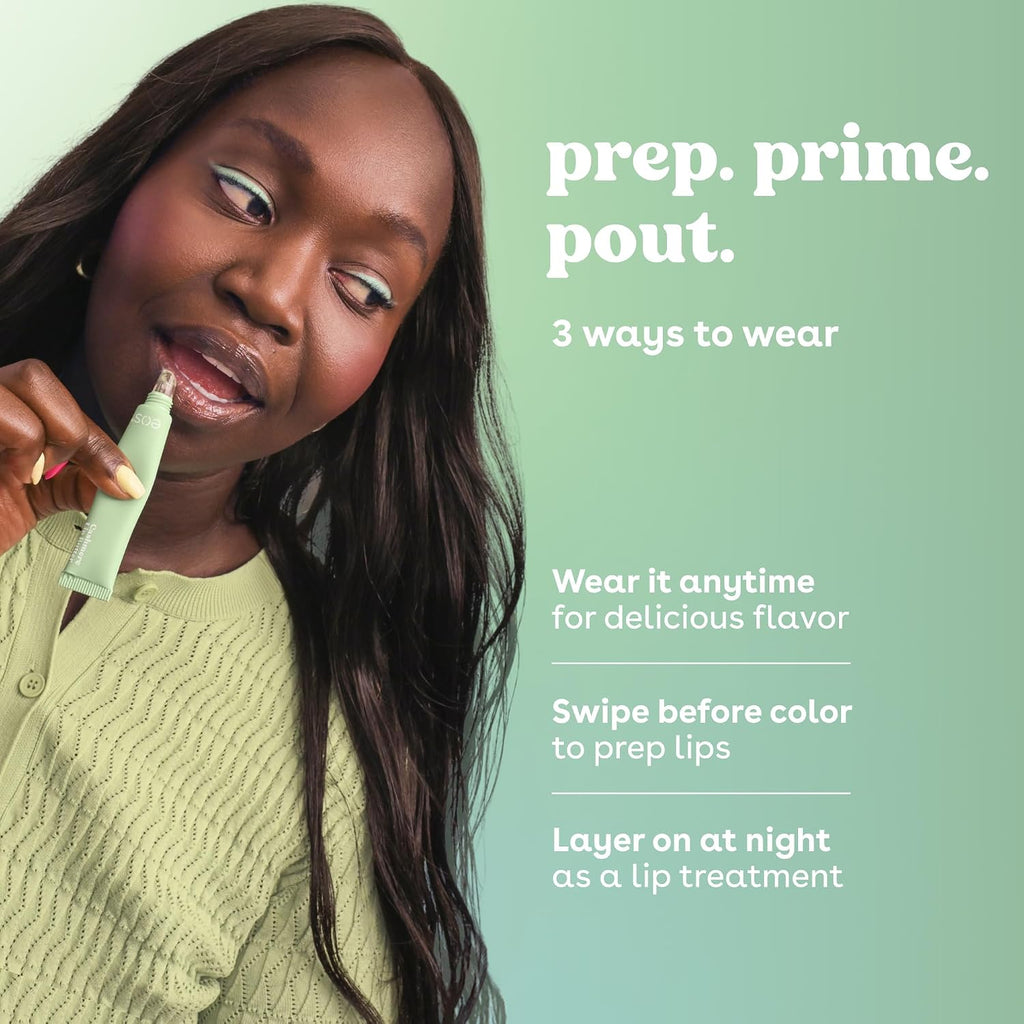 A woman applies a lip product while reading promotional text on a mint green background. The text reads: 'prep.