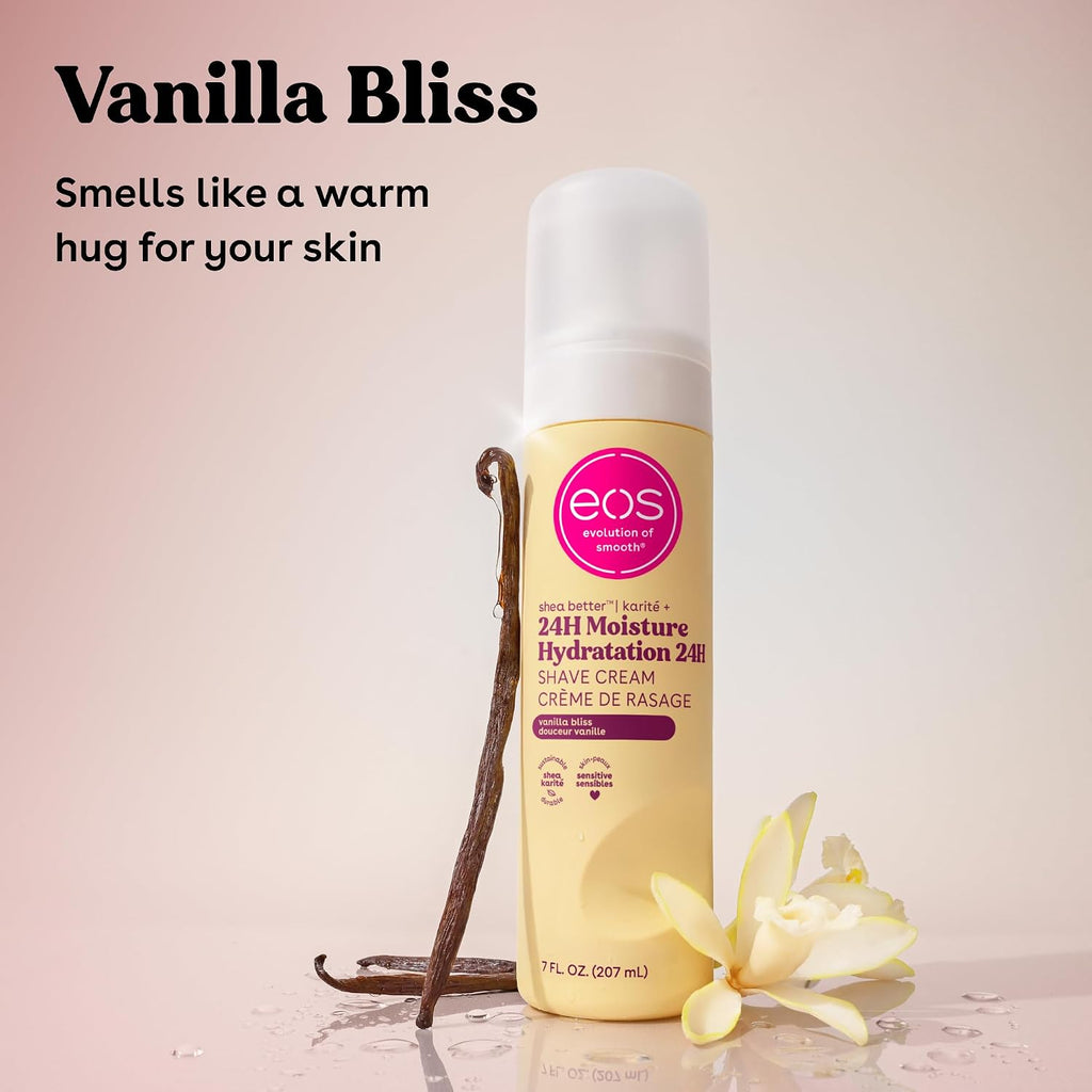 EOS Vanilla Bliss 24H Moisture Hydration Shave Cream in a 7 fl oz pump bottle, styled with a vanilla bean, a vanilla flower, and text on a soft beige background.