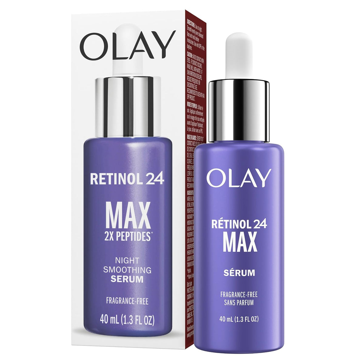 Olay Retinol 24 Max serum bottles with packaging on a white background
