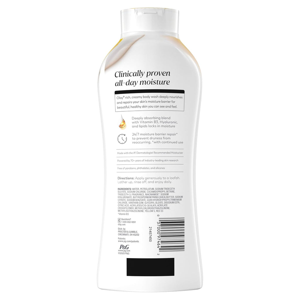 Back view of a white plastic bottle of Paté’s Clinically Proven All Day Moisture body wash, showing the text details, barcode, and directions on a white background.