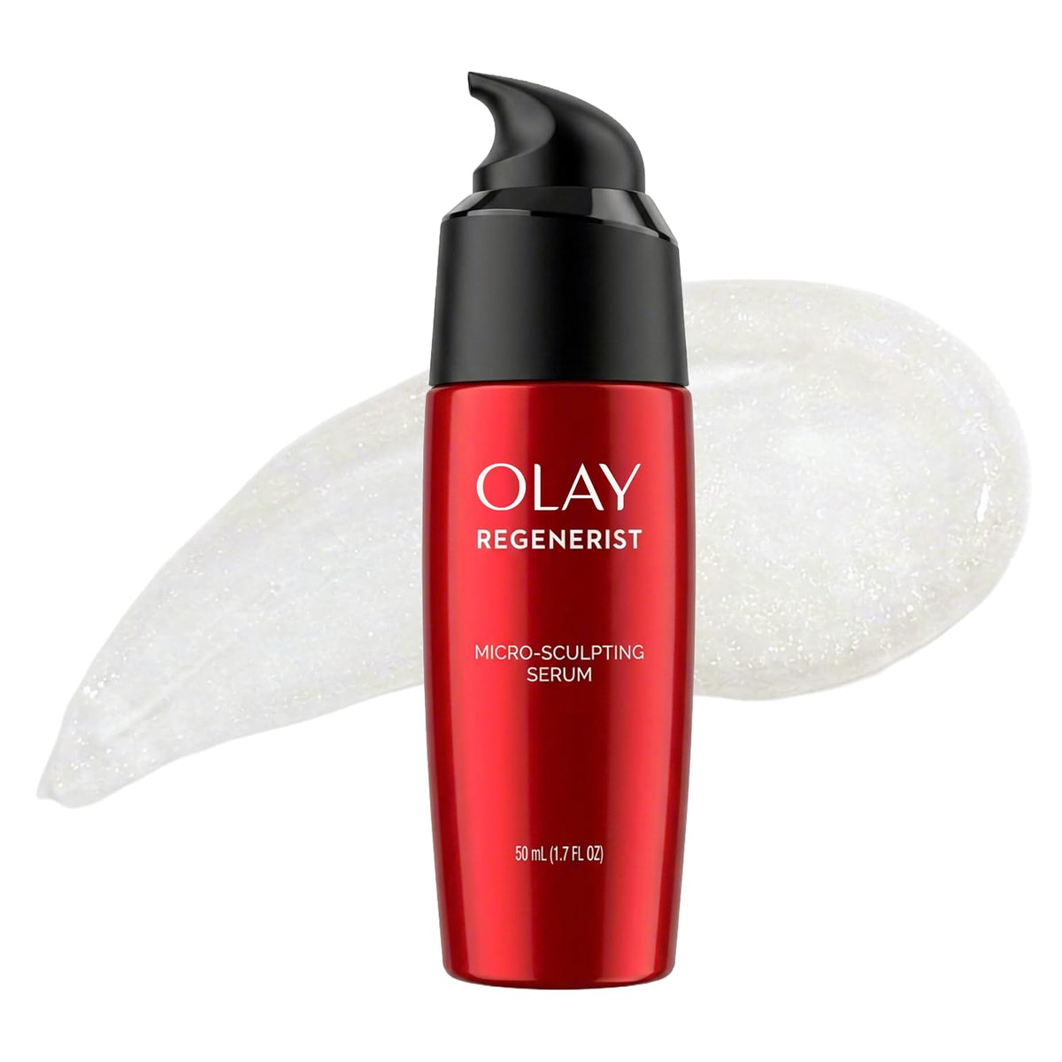 Olay Regenerist Micro-Sculpting Serum in a metallic red pump bottle with a black dispenser, shown against a white background with a translucent cream smear behind it.