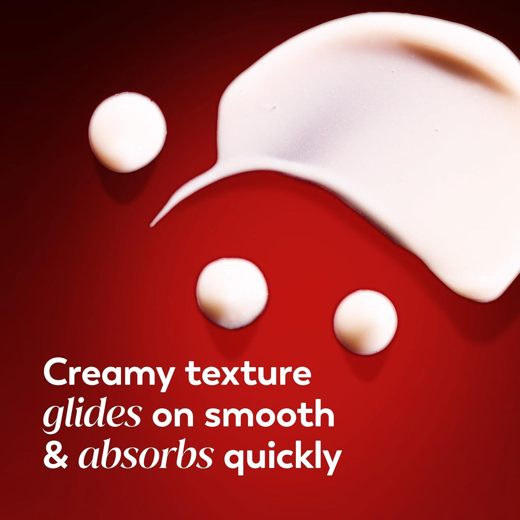 Creamy texture on a red background with text describing its properties