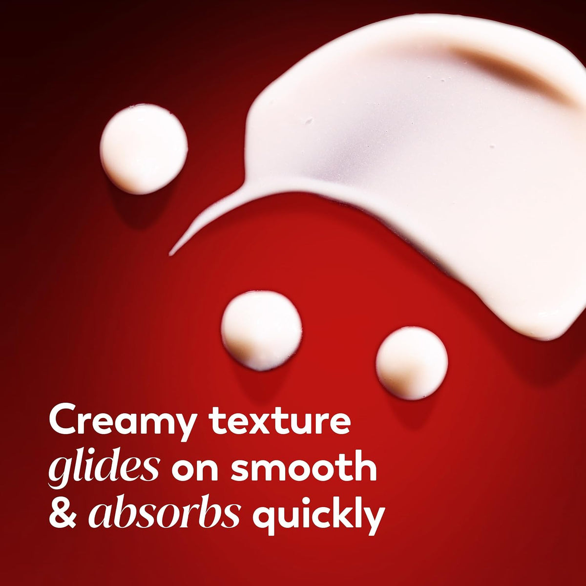 Creamy texture on a red background with text describing its properties